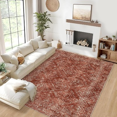 Machine Washable Indoor Rug, Non-Slip Low Pile Carpet for Living Room Hallway, Soft Geometric Design, Stain Resistant & Foldable