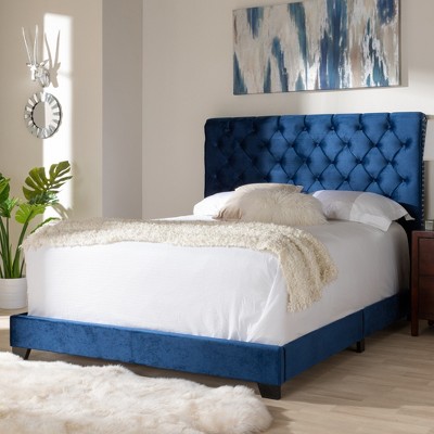 Candace Navy Velvet Upholstered Full Bed with Tufted Headboard