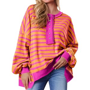 Imily Bela Women Color Block Waffle Knit Top Oversized Comfort  Casual Sweatshirt - 1 of 4