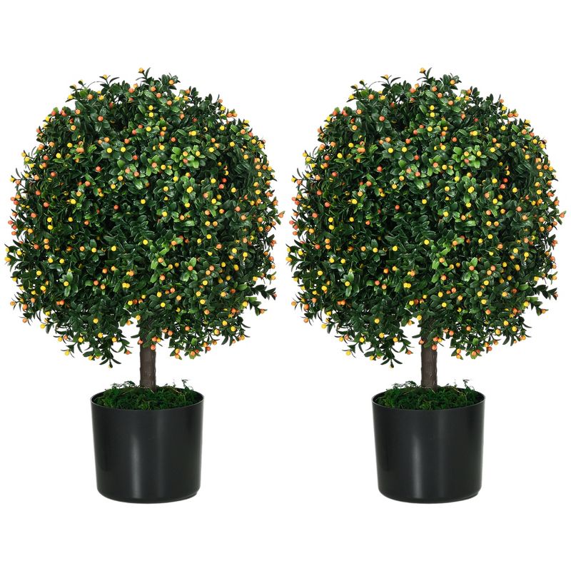 HOMCOM Set of 2 20.75" Artificial Boxwood Topiary Trees with Fruit, Potted Indoor Outdoor Fake Plants for Home Office Living Room Decor, Orange, 1 of 7