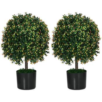 HOMCOM Set of 2 20.75" Artificial Boxwood Topiary Trees with Fruit, Potted Indoor Outdoor Fake Plants for Home Office Living Room Decor, Orange