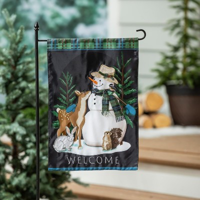 Evergreen Woodland Snowman and Friends Applique Garden Flag 12 x 18 Inches Indoor Outdoor Decor