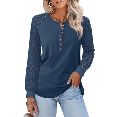 Women's Lace Long Sleeve Henley Tops Soft Casual Blouse Shirts Fall Trendy T Shirt