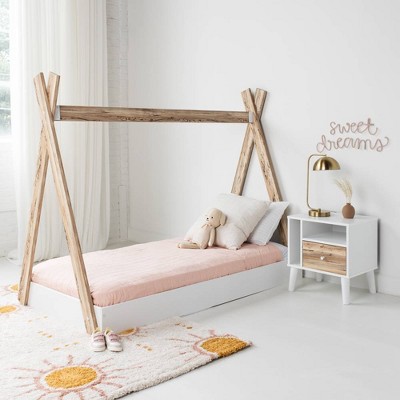 Contemporary Twin Tent Bed with Drawer, Beige & White