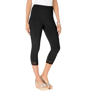 Roaman's Women's Plus Size Lace-Trim Essential Stretch Capri Legging - 1 of 4