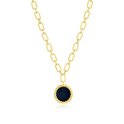 Classic Gold 14K Yellow Gold, Round Onyx Paperclip Necklace - Gold - 17 Inch