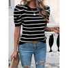 Women's Striped Puff Sleeve Knit Top - Crew Neck Structured Shoulder Fitted Casual Blouse with Timeless Stripe Pattern - 3 of 4