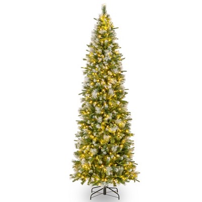 Tangkula 9 FT Pre-Lit Flocked Pencil Christmas Tree Hinged Artificial Xmas Tree with Pine Needles 1228 PE PVC Branch Tips