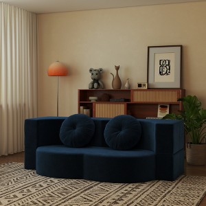 ORRD Modern Corduroy Floor Sofa Bed with 2 Pillows, Convertible Full-Size Folding Mattress, No Assembly, Blue - 1 of 4