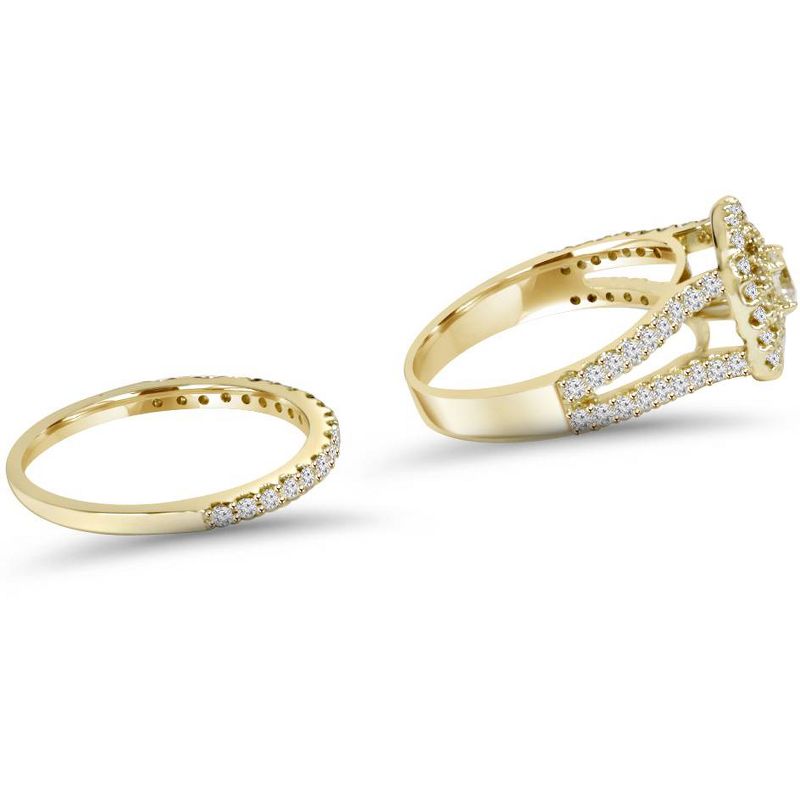 Pompeii3 1 1/10CT Cushion Halo Diamond Engagement Wedding Ring Set 10K Yellow Gold, 2 of 6