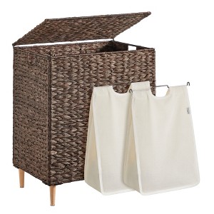 34.3 Gal. Laundry Hamper, 2-Section Handwoven Water Hyacinth Wicker Laundry Basket with Lid, Removable Liners, Espresso - 1 of 4