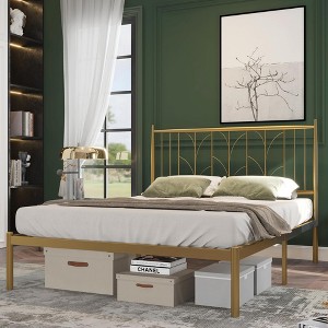 Bed Frame with Vintage Headboard and Footboard, Platform Bed Frame with Mattress Foundation for Storage, Metal Frame Bed with Steel Slat Support - 1 of 4