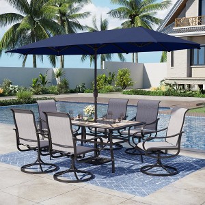 Captiva Designs 8pc Outdoor Wood-look Rectangle Steel Dining Table & Sling Swivel Chairs & Market Umbrella - 1 of 4