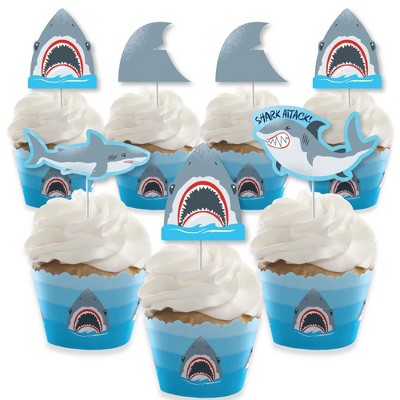 Big Dot of Happiness Shark Zone - Cupcake Decor - Jawsome Party or Birthday Party Cupcake Wrappers and Treat Picks Kit - Set of 24