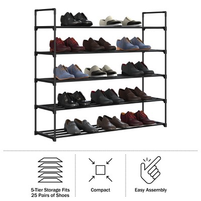 Black 5-Tier Stackable Metal and Plastic Shoe Rack