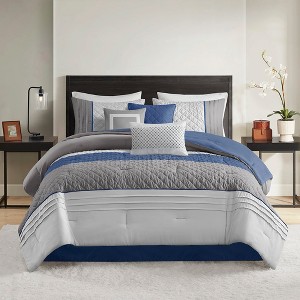 7 Pcs Elegant Color Block Stipe Design Comforter Set,All Season Home Textile Microfiber Bedding Set fits Lux Bedroom Decor,Matching Bed Skirt - 1 of 4