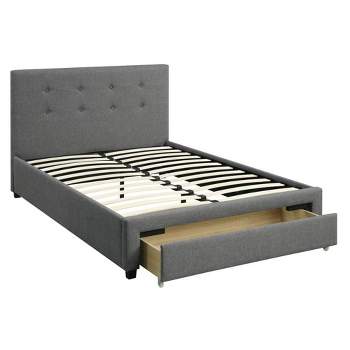 Full Upholstered Wooden Bed with Button Tufted Headboard and Lower Storage Drawer Gray - Benzara