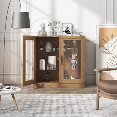 31"x31"x16" Wood Accent Cabinet, Storage Organizer with Adjustable Shelves and Glass Doors for Kitchen Bedroom Entryway Living Room Dinning Room