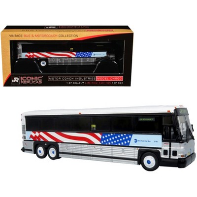 2001 MCI D4000 Coach Bus Silver and White with American Flag Graphics 1/87 (HO) Diecast Model by Iconic Replicas