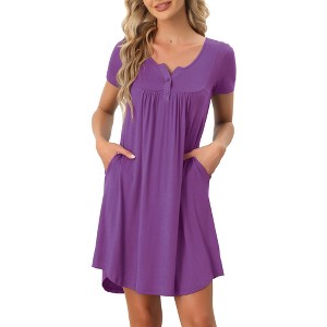 cheibear Women's Soft Front Button Short Sleeve Sleepwear Lounge Nightgown with Pockets - 1 of 4