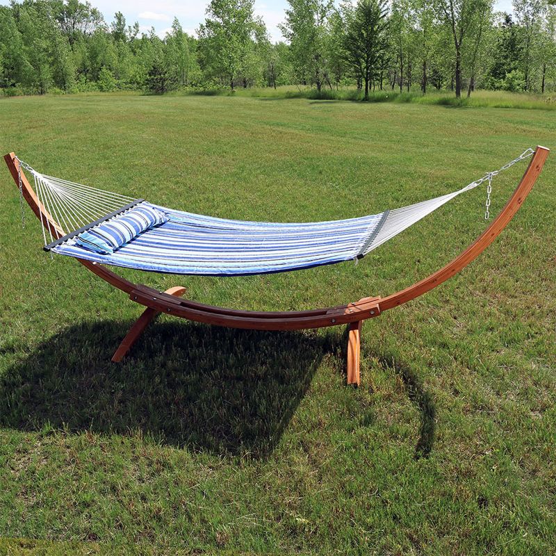 Sunnydaze Quilted Double Fabric 2-Person Hammock with Curved Arc Wood Stand, 2 of 9