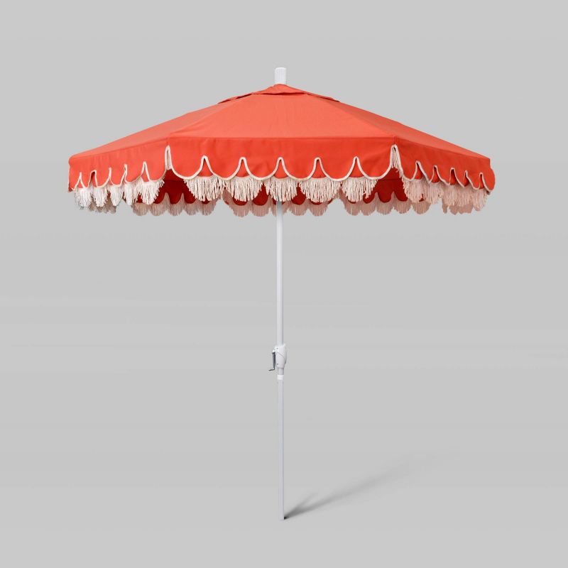 7.5' Sunbrella Scallop Base Fringe Market Patio Umbrella with Crank Lift - White Pole - California Umbrella, 1 of 5