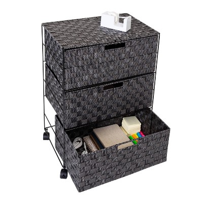 Black and White Woven 3-Drawer Rolling Storage Chest