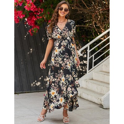 Women Maternity Puff short Sleeve Maxi Dress V Neck Pregnancy Dresses for Baby Shower Photoshoot