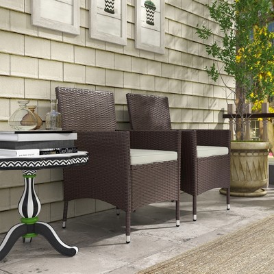 Dark Coffee Rattan Wicker Outdoor Dining Chairs with Cream Cushions