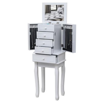 Standing Jewelry Armoire Cabinet with Mirror, 5 Drawers, Top Organizer and Side Doors with Necklace Hooks
