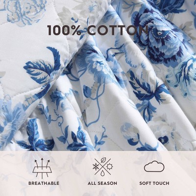 Full Blue Cotton Reversible Floral Quilt Set
