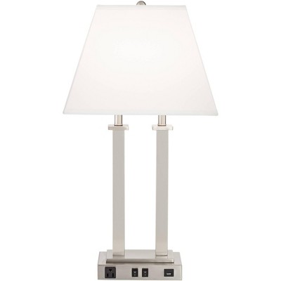 Brushed Nickel Table Lamp with USB and White Linen Shade