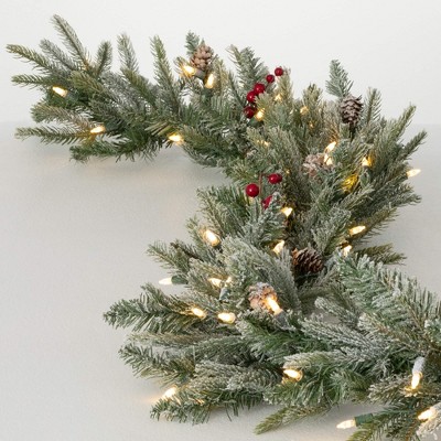 108"L Sullivans Artificial Long Lit Frosted Pine Christmas Garland, Green-White, Indoor Christmas Decor