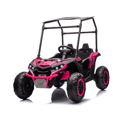 24V Kids Ride On Utv,2-Seater 4WD Electric Truck with Sun Shade, Remote Control, Led Lights, 4 Shock Absorbers