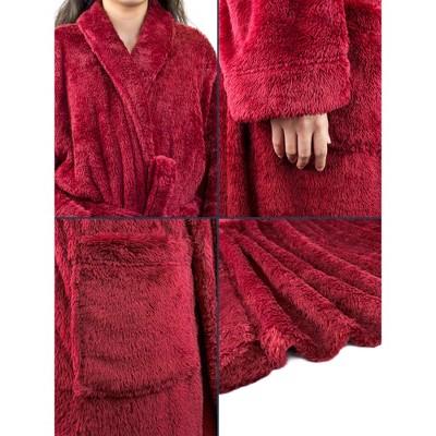 Wine Red Plush Fleece Bathrobe with Pockets, L/XL