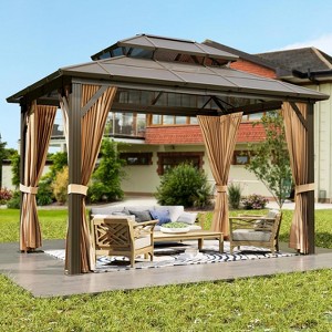 Hardtop Gazebo, Polycarbonate Roof Outdoor Canopy, Aluminum Frame Pavilion, with Netting and Sunshade Curtains, for Backyard, Patio, Lawns, Parties - 1 of 4