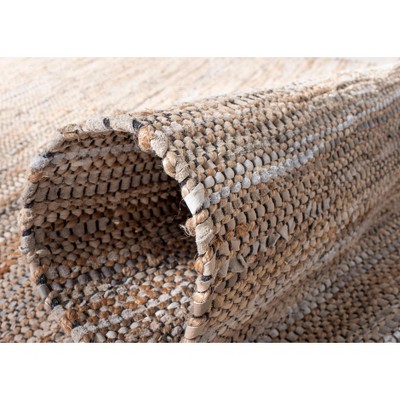Beige Handwoven Leather and Cotton Area Rug with Fringe, 5' x 8'