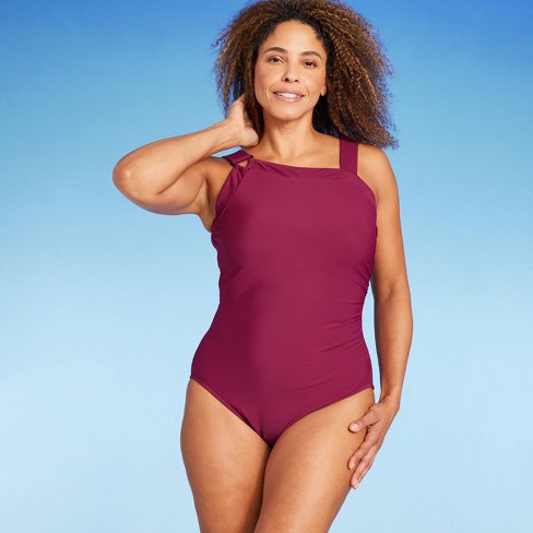 Women's UPF 50 Asymmetrical Shoulder One Piece Swimsuit - Aqua Green®  Burgundy S
