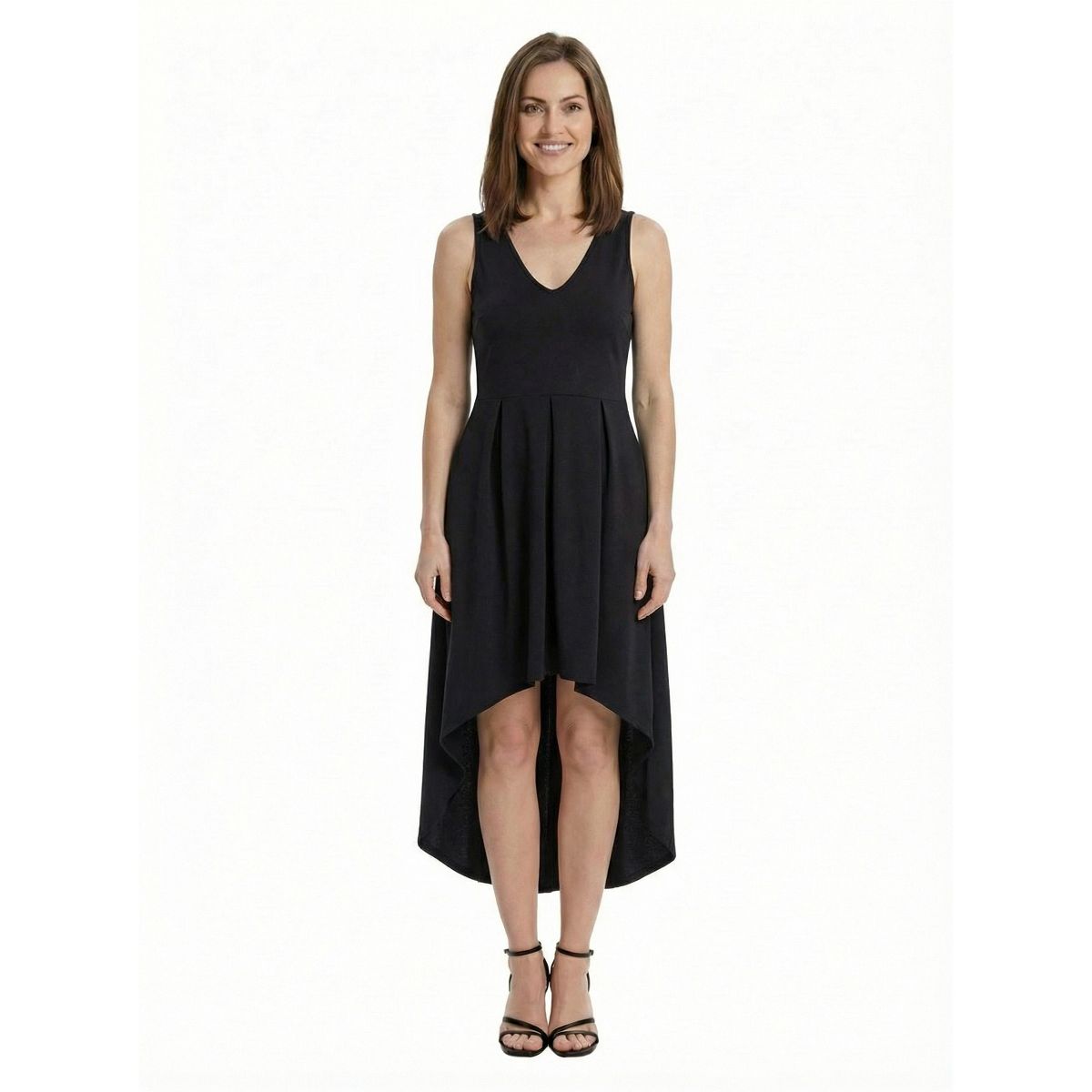 24seven Elevate Petite Sleeveless V Neck High Low Pleated Fit N Flare Pocket Midi Dress