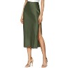 Women's Satin Midi Skirt - High Waist Slit Design with Comfortable Elastic Waistband Olive - 2 of 4