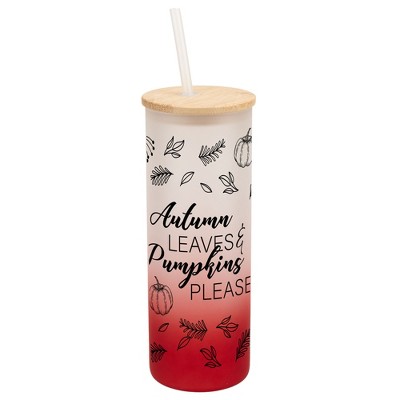 Elanze Designs Autumn Leaves & Pumpkins Please Harvest Wrap-Around Design 25 Ounce Frosted Gradient Glass On-The-Go Coffee Travel Skinny Tumbler Mug
