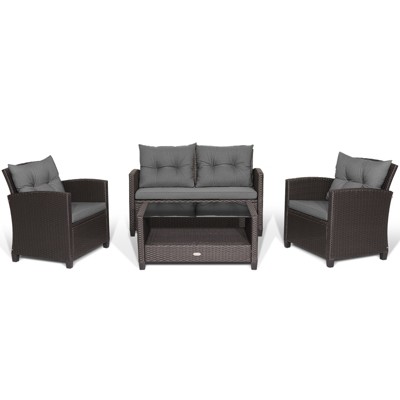 Tangkula Set Of 4 Outdoor Rattan Furniture Set PE Rattan Wicker Sectional Sofa with Loveseat Chair & Glass Table Patio Cushioned Conversation Sets