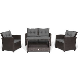 Tangkula Set Of 4 Outdoor Rattan Furniture Set PE Rattan Wicker Sectional Sofa with Loveseat Chair & Glass Table Patio Cushioned Conversation Sets - 1 of 4