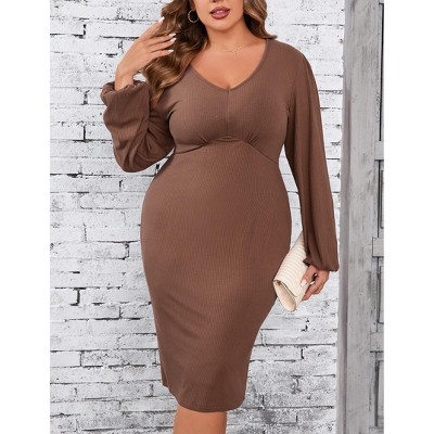 Plus Size Women's V-Neck Dress Casual Long Sleeves Slim Fit Midi Dress Bodycon Party Dress