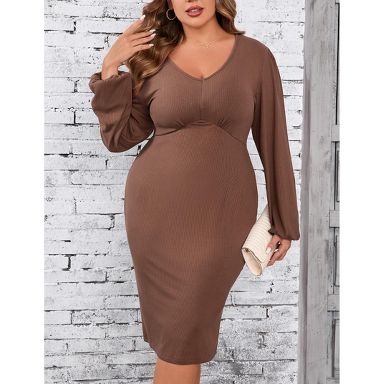 Plus Size Women's V-Neck Dress Casual Long Sleeves Slim Fit Midi Dress  Bodycon Party Dress Brown XXL : Target