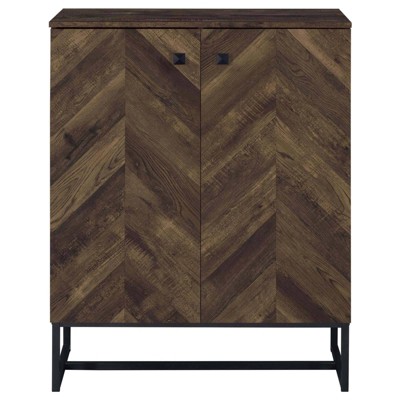 Rustic Oak and Gunmetal Herringbone Accent Cabinet with Adjustable Shelving
