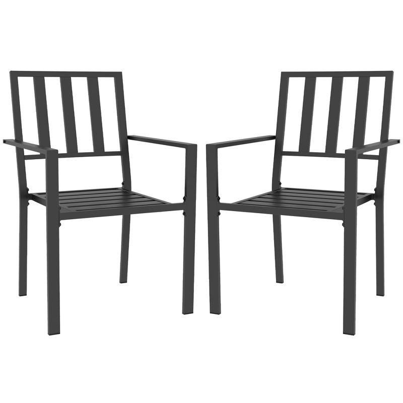 Outsunny Slatted Design Patio Dining Chairs, Set of 2 Stackable Garden Chairs, Black, 1 of 7