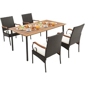 Costway 5PCS Patio Wicker Dining Set  Armchairs Acacia Wood Table with Detachable Cushions &  Umbrella Hole - 1 of 4