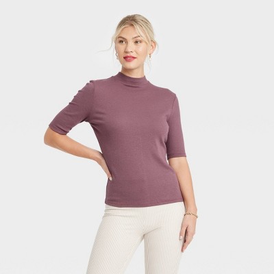 Women&#39;s Elbow Sleeve Mock Turtleneck T-Shirt - A New Day&#8482; Purple L