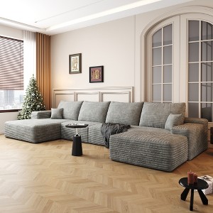 135" Cloud Plush Corduroy Modular U-Shaped Sectional Sofa with Left Chaise and Ottoman, Floor Design, No Assembly - 1 of 4